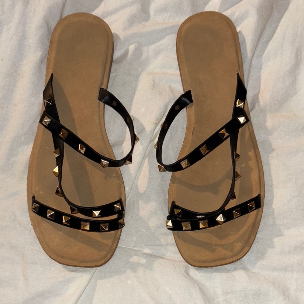 BAMBOO Black and Tan Sandals with Studded Detail